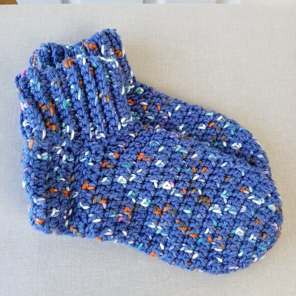 Navy Speckle Crochet Slipper Booties L premade full coverage warm socks - Picture 1 of 8